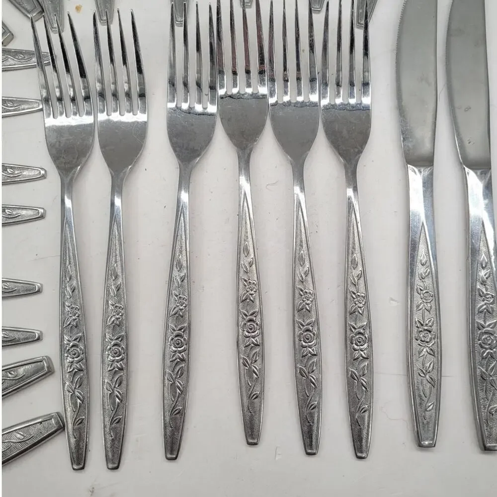 Eldan ELD18 Stainless Flatware Set Japan Roses Textured 24 Pc Tableware